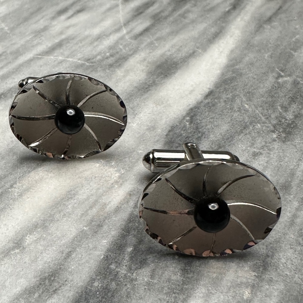 Forstner USA Sterling‎ Silver Black Pearl Sunburst Oval Cufflinks Mens Vintage